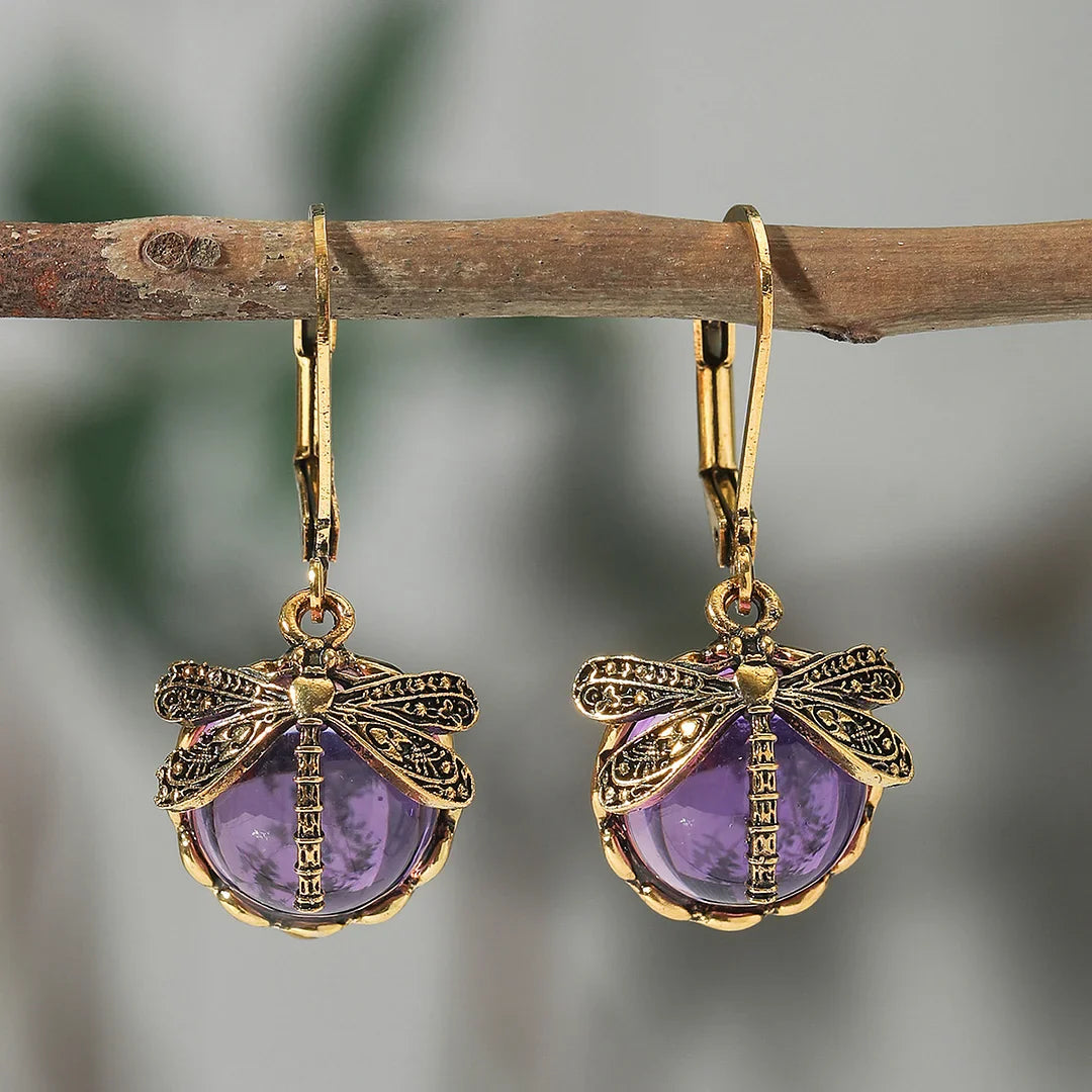 Dragonfly Sphere Earrings in Antique Silver