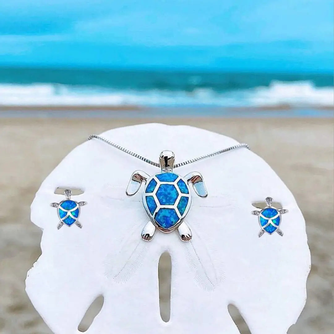 Sea Turtle Necklace and Earring Set in Opal and Silver