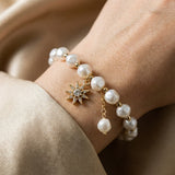 Bracelet with White Gold Charm, Pearl and Sunflower