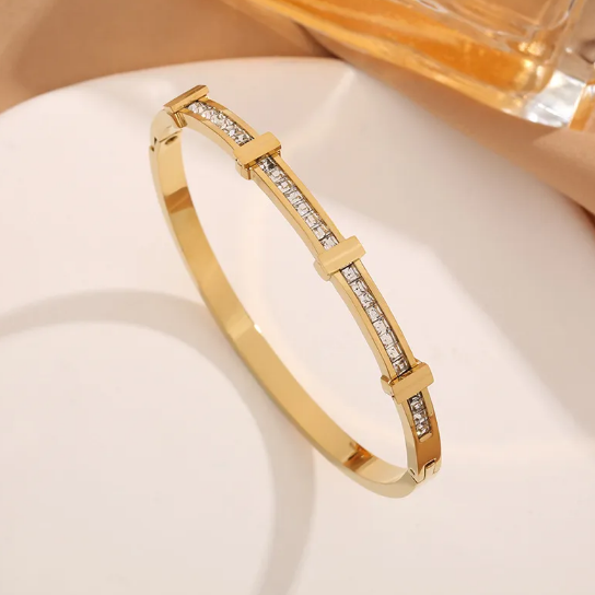 Simple Geometric Open Bracelet with Two Layers of Zircon