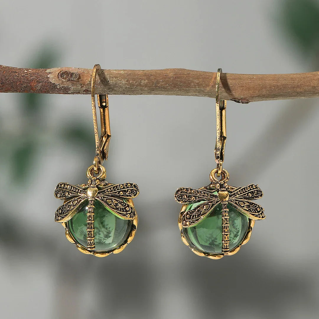 Dragonfly Sphere Earrings in Antique Silver