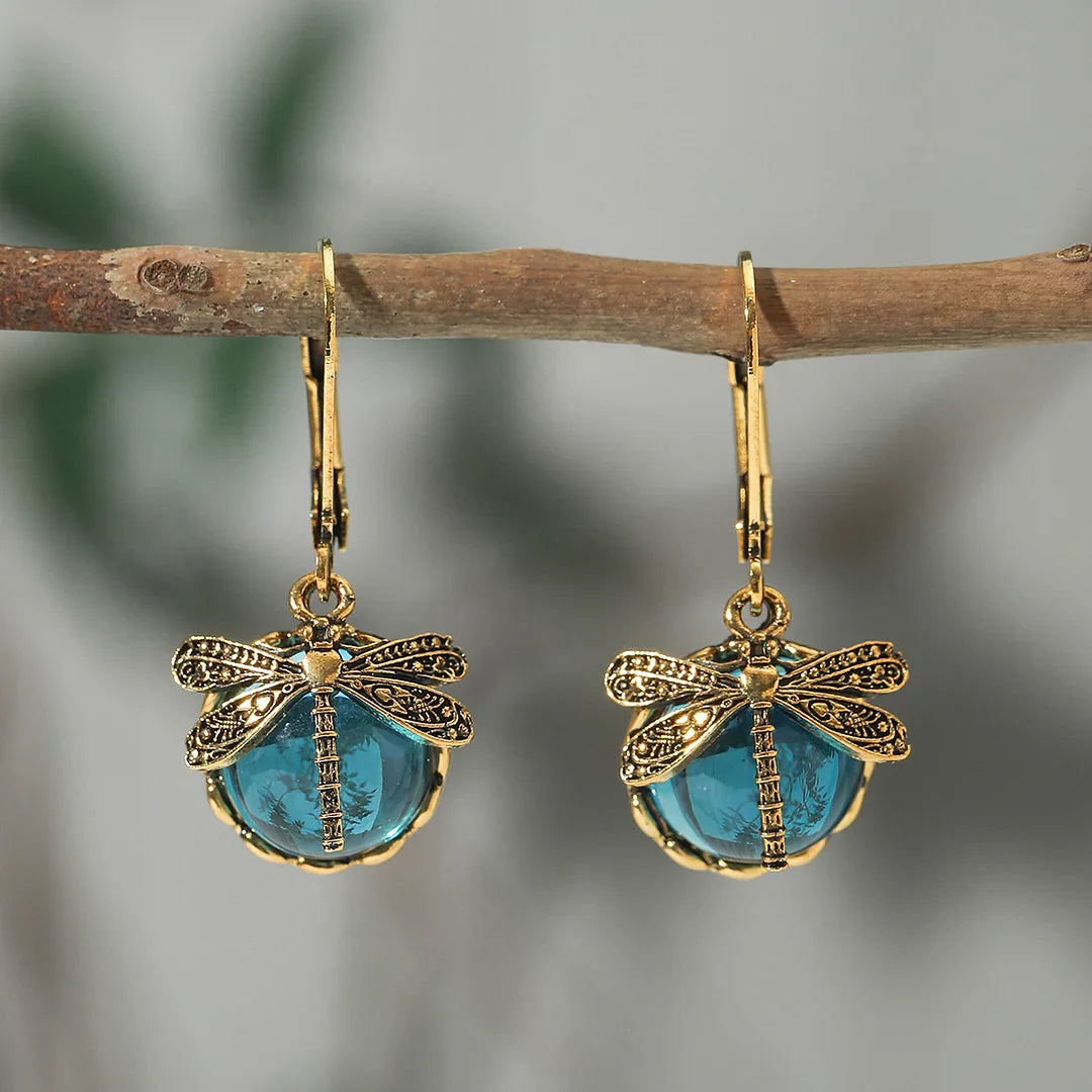 Dragonfly Sphere Earrings in Antique Silver