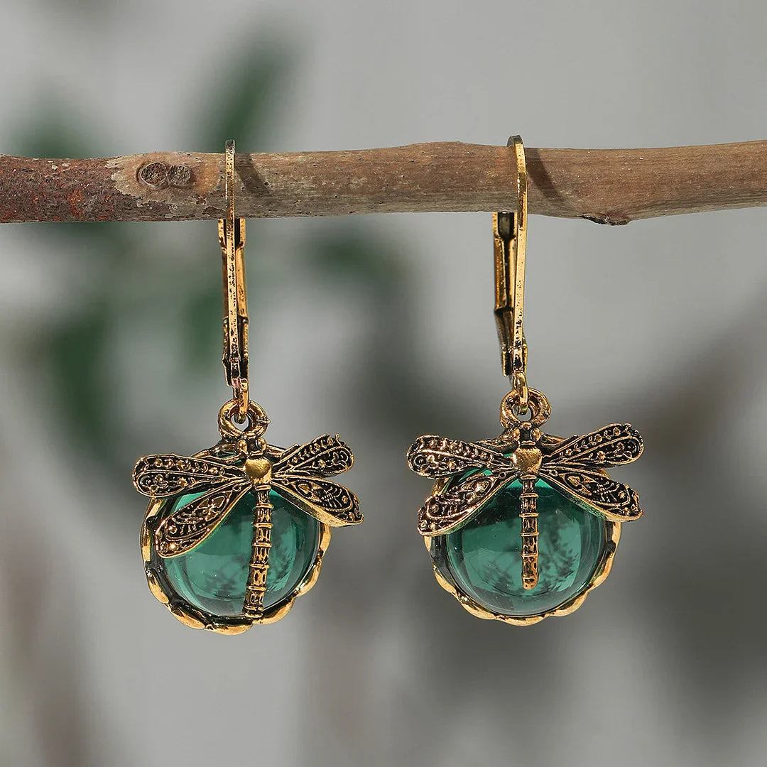 Dragonfly Sphere Earrings in Antique Silver