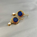 Vintage Gold Earrings with Blue Pearls