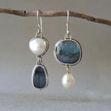 Vintage Silver Earrings with Natural Stone and Pearls