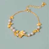 Classic Gold Bracelet with Ginkgo Leaves and Pearls