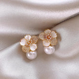 Earrings with White Camellia Pendant and Pearl