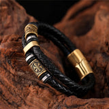 Black Braided Leather Bracelet with Gold Pendant