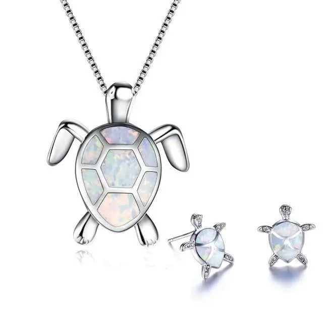 Sea Turtle Necklace and Earring Set in Opal and Silver
