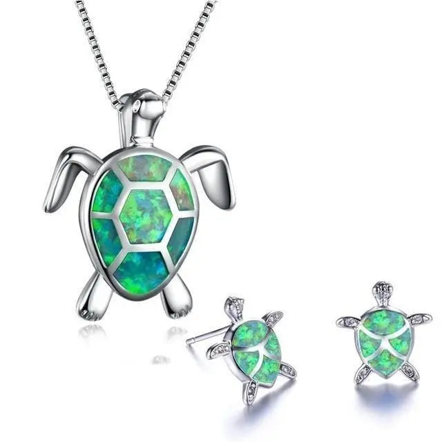 Sea Turtle Necklace and Earring Set in Opal and Silver
